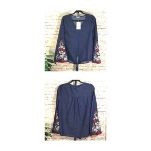 Rethm Embroidered Bell Sleeve Tie Front Blouse